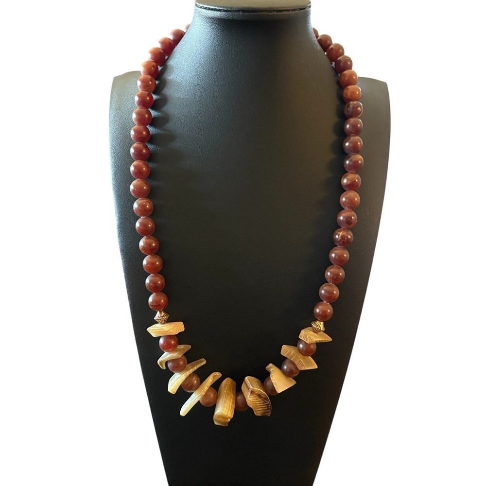 Chunky Lucite Necklace Faux Tiger Amber & Bone Statement Tribal Signed M.E. VTG